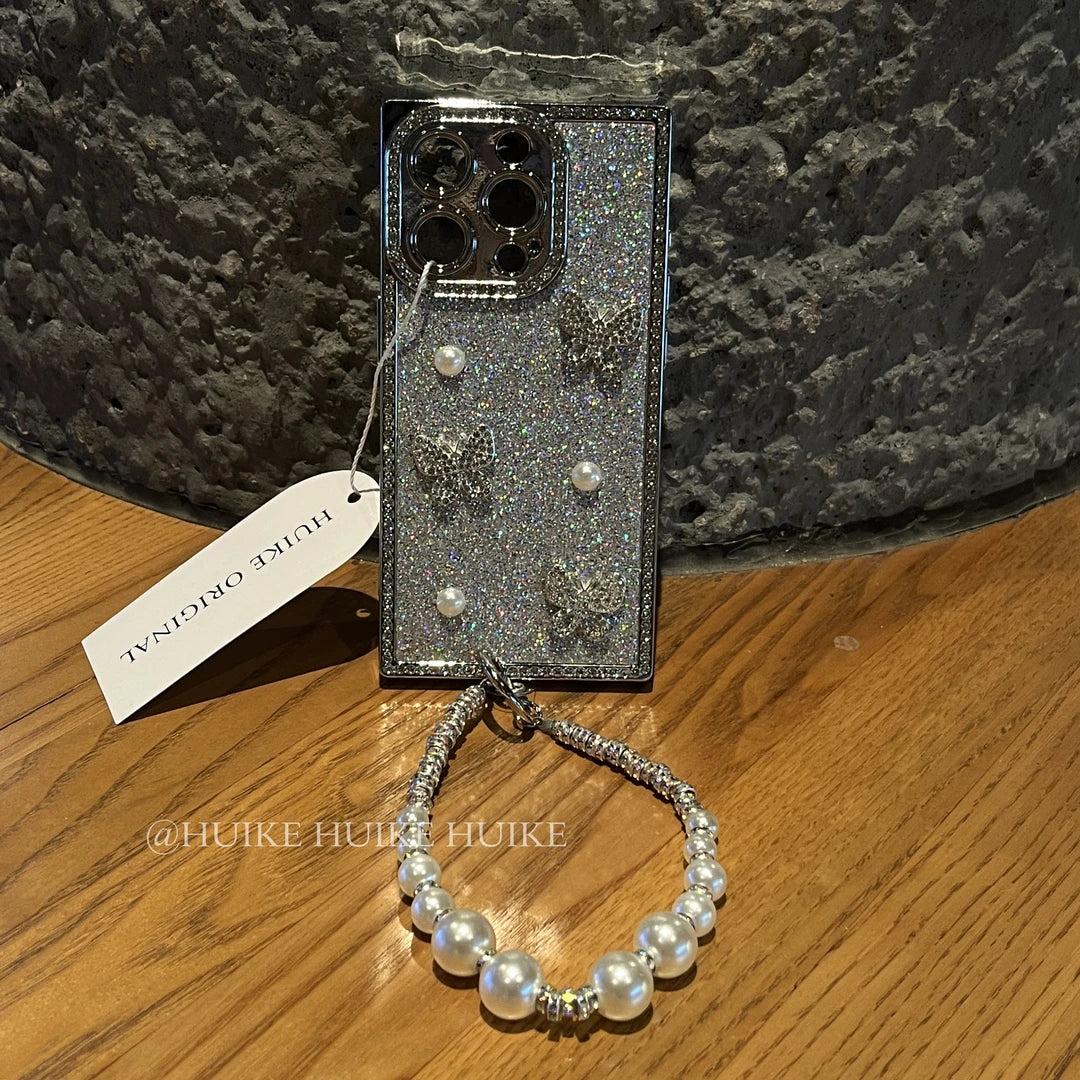 RHINESTONE GLITTER BUTTERFLY Pearl Phone Case with Phone Charm Strap