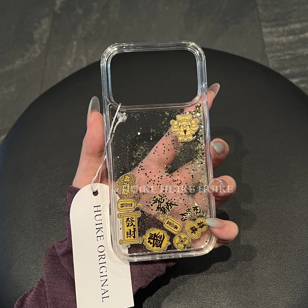Gold & Good &Wealth & Luck Clear Liquid Glitter Phone Case with Phone Charm Strap,Compatible for iphone 17