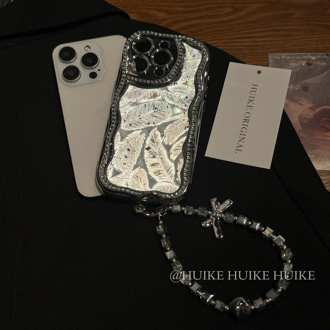 SLIVER FEATHER Sparkling Diamond Phone Case with Phone Charm Strap