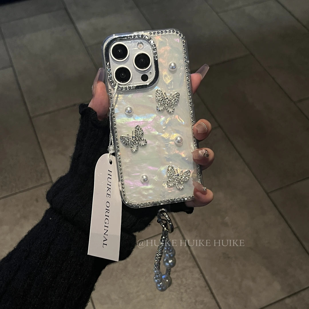RHINESTONE BUTTERFLY Pearly Transparent Phone Case with Phone Charm Strap
