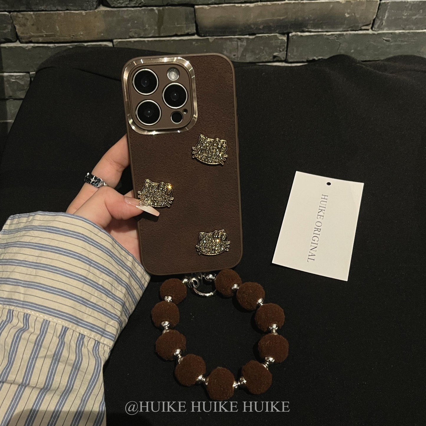 Brown Leather-Kitty Phone Case with Phone Charm Strap,Compatible for iphone 17