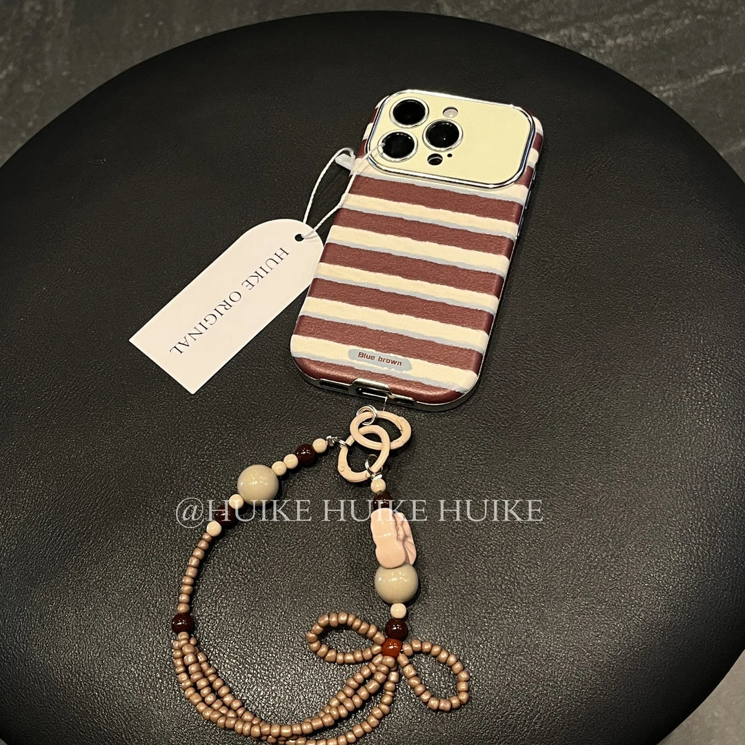 Blue Brown Stripe Phone Case with Phone Charm Strap,Compatible for iphone 17