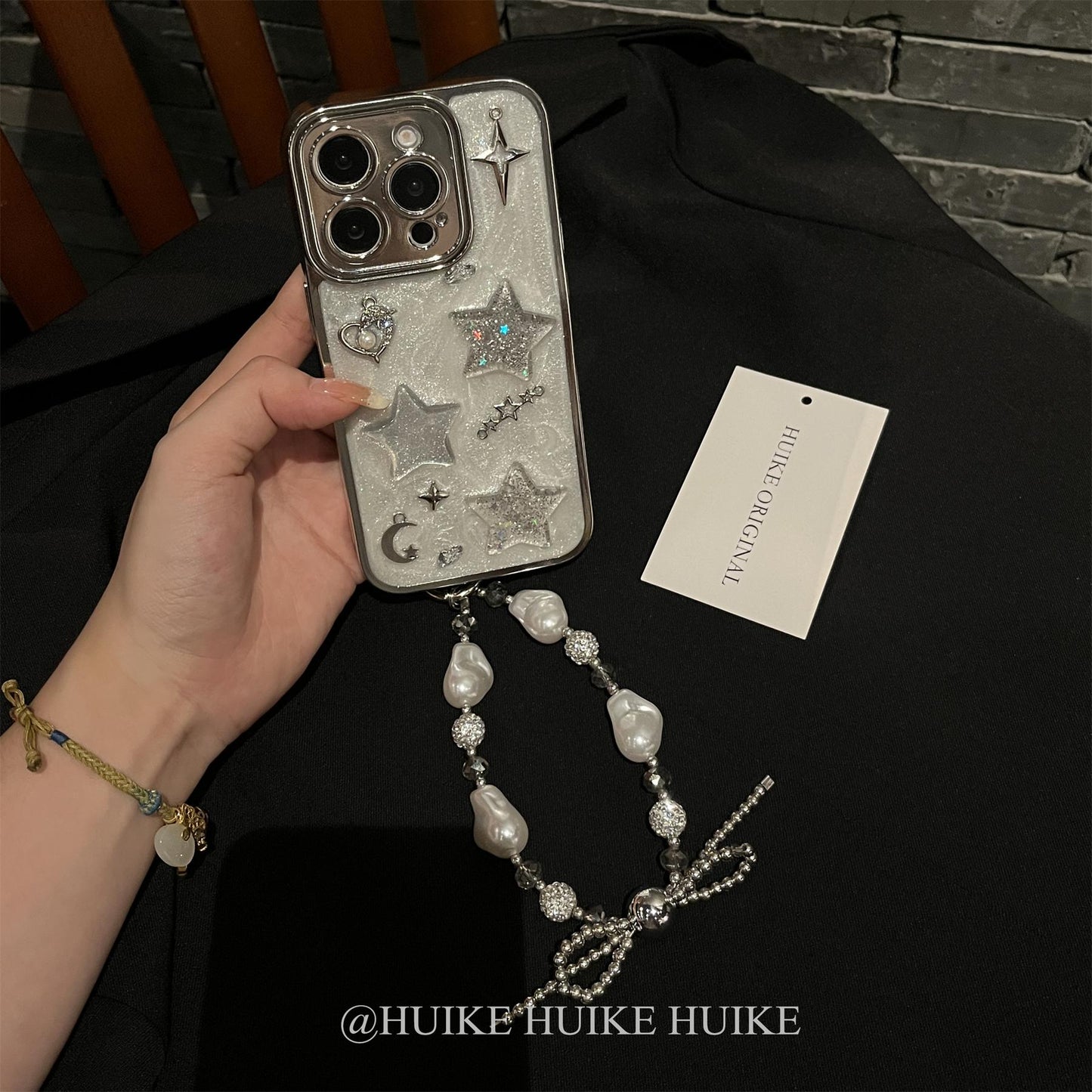HANDMADE SILVER SHIMMERING STARS Phone Case with Phone Charm Strap