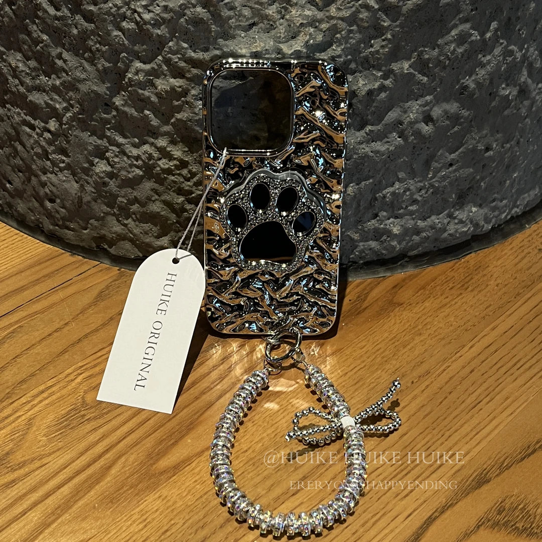 ELECTROPLATED SILVER Cat Paw Bracket Phone Case with Phone Charm Strap
