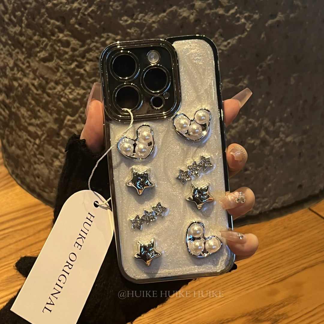 WHITE LOVE HEART STAR Phone Case with Phone Charm Strap
