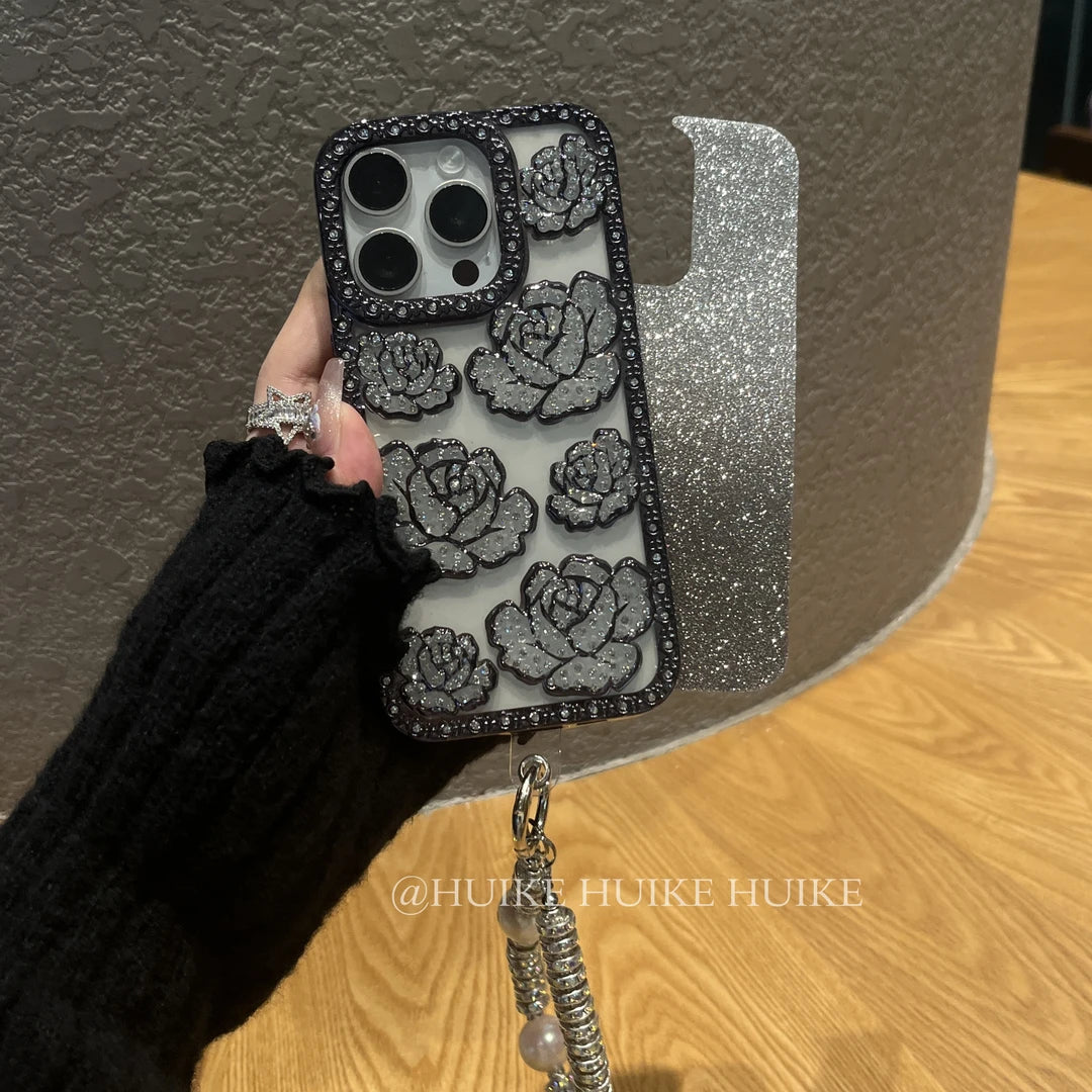 SPARKLING DIAMOND ROSE Gradient Phone Case with Phone Charm Strap