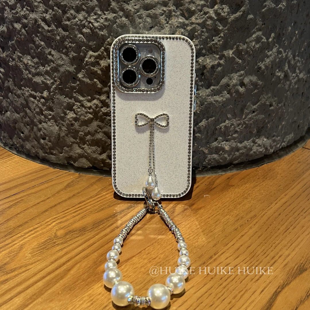 BOW TASSEL Rhinestone Border White Phone Case with Phone Charm Strap