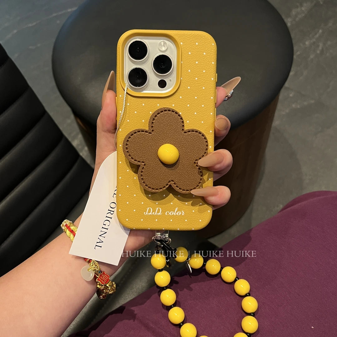 SUMMER FIOWER HOLDER Leather Phone Case with Phone Charm Strap