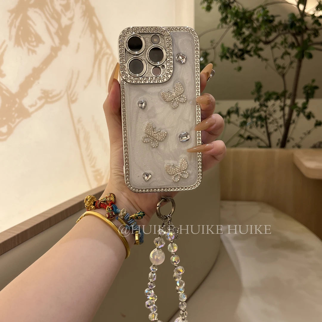 Handmade butterfly Sparkling Diamond Phone Case with Phone Charm Strap