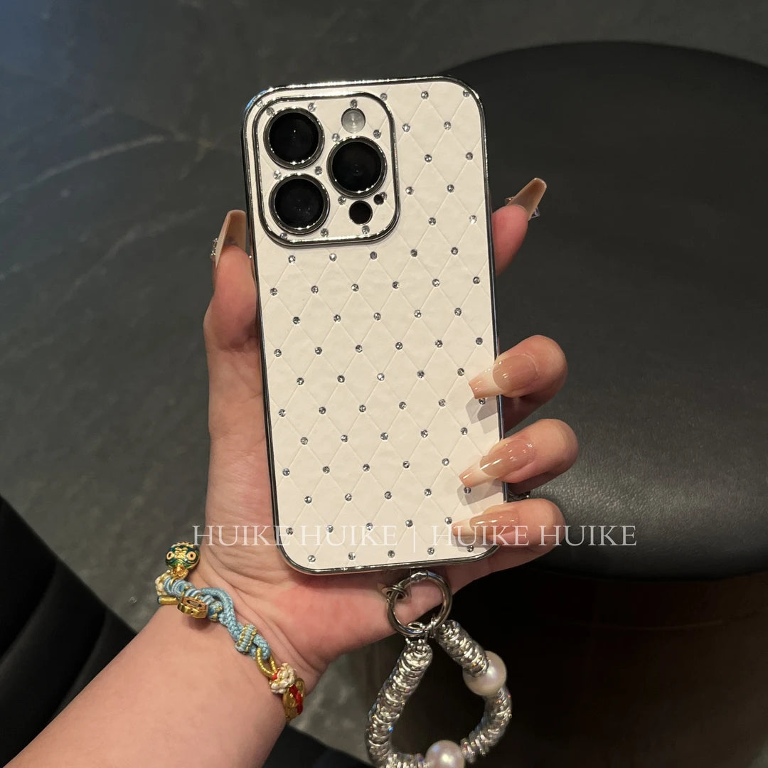 Leather Studded Diamond Phone Case with Phone Charm Strap