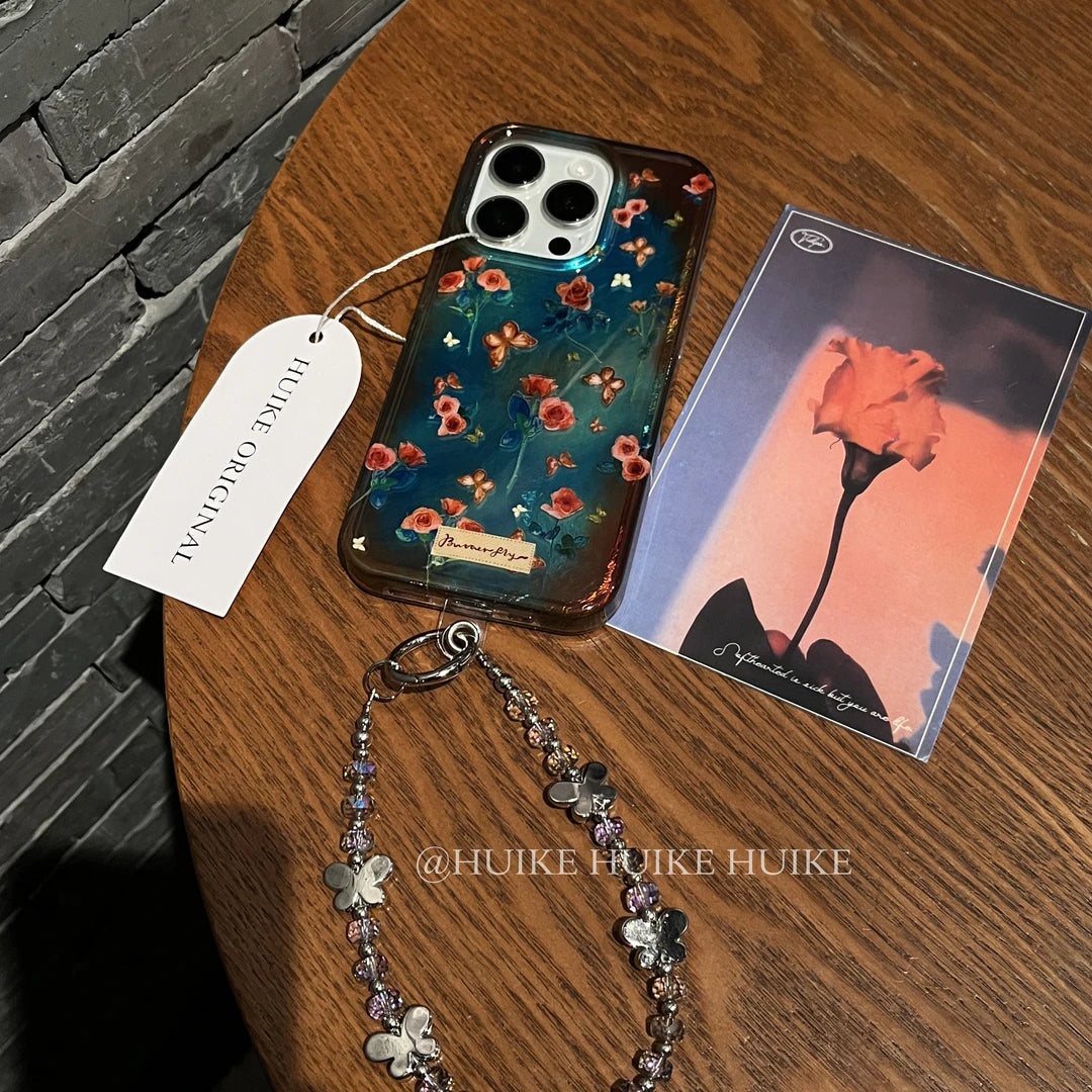 VINTAGE Blue Oil Painting Flower &Butterfly Phone Case with Phone Charm Strap