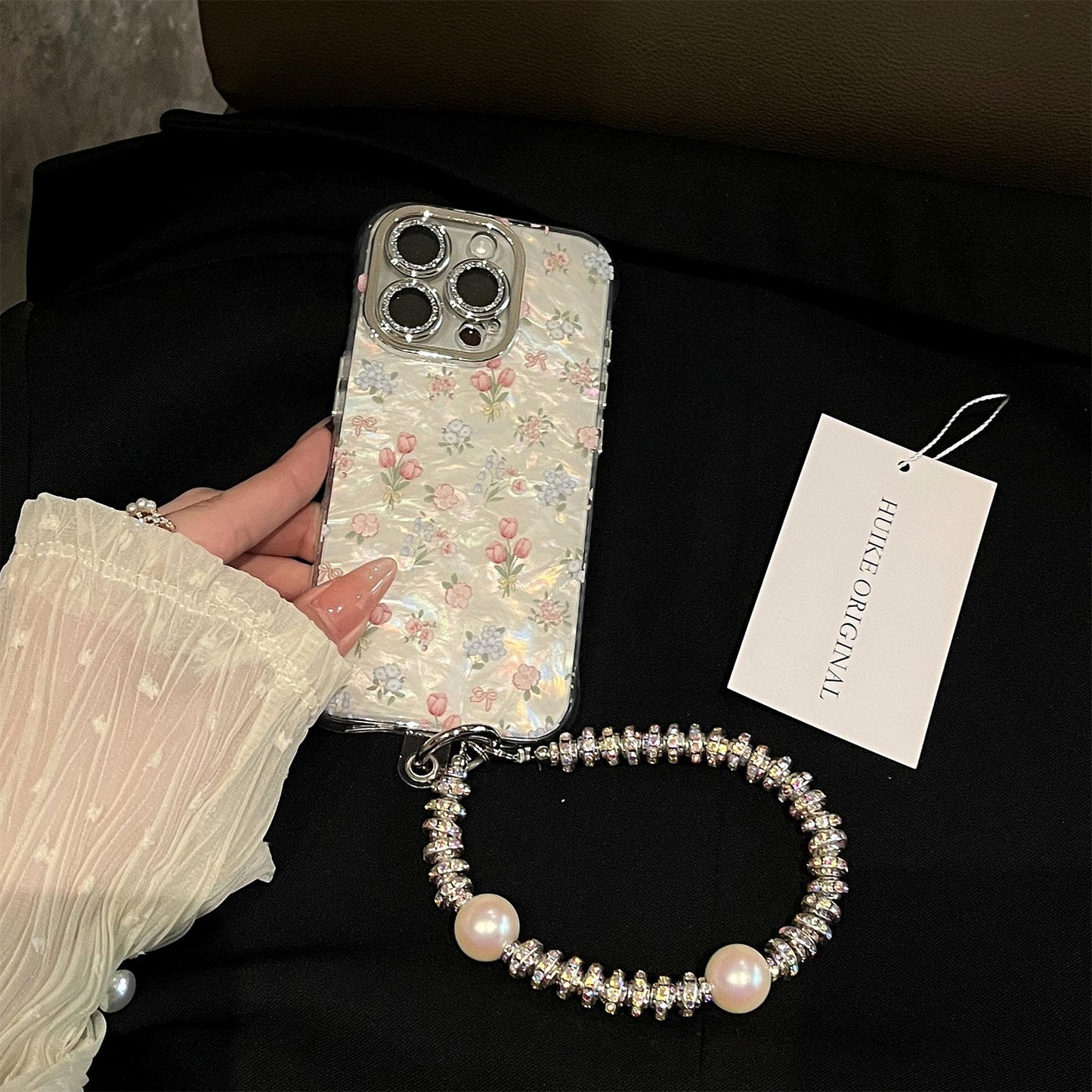 PINK ROSES Pearly Transparent Phone Case with Phone Charm Strap
