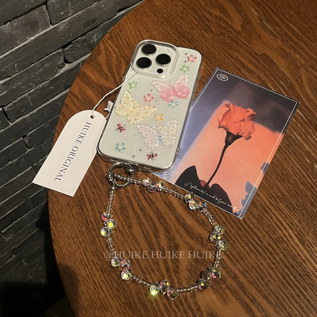 HANDMADE COLORFUL BUTTERFLY Transparent Phone Case with Phone Charm Strap