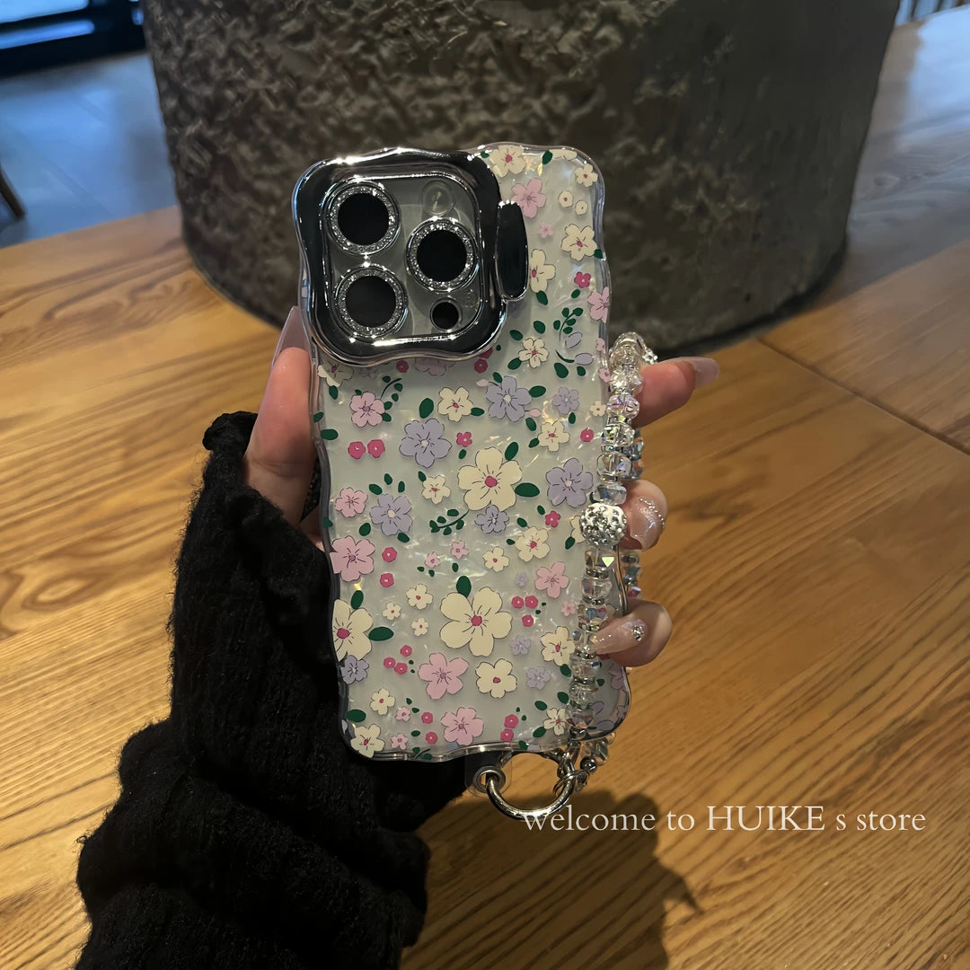 COLORFUL FLOWERS Pearly Transparent Bracket Phone Case with Phone Charm Strap