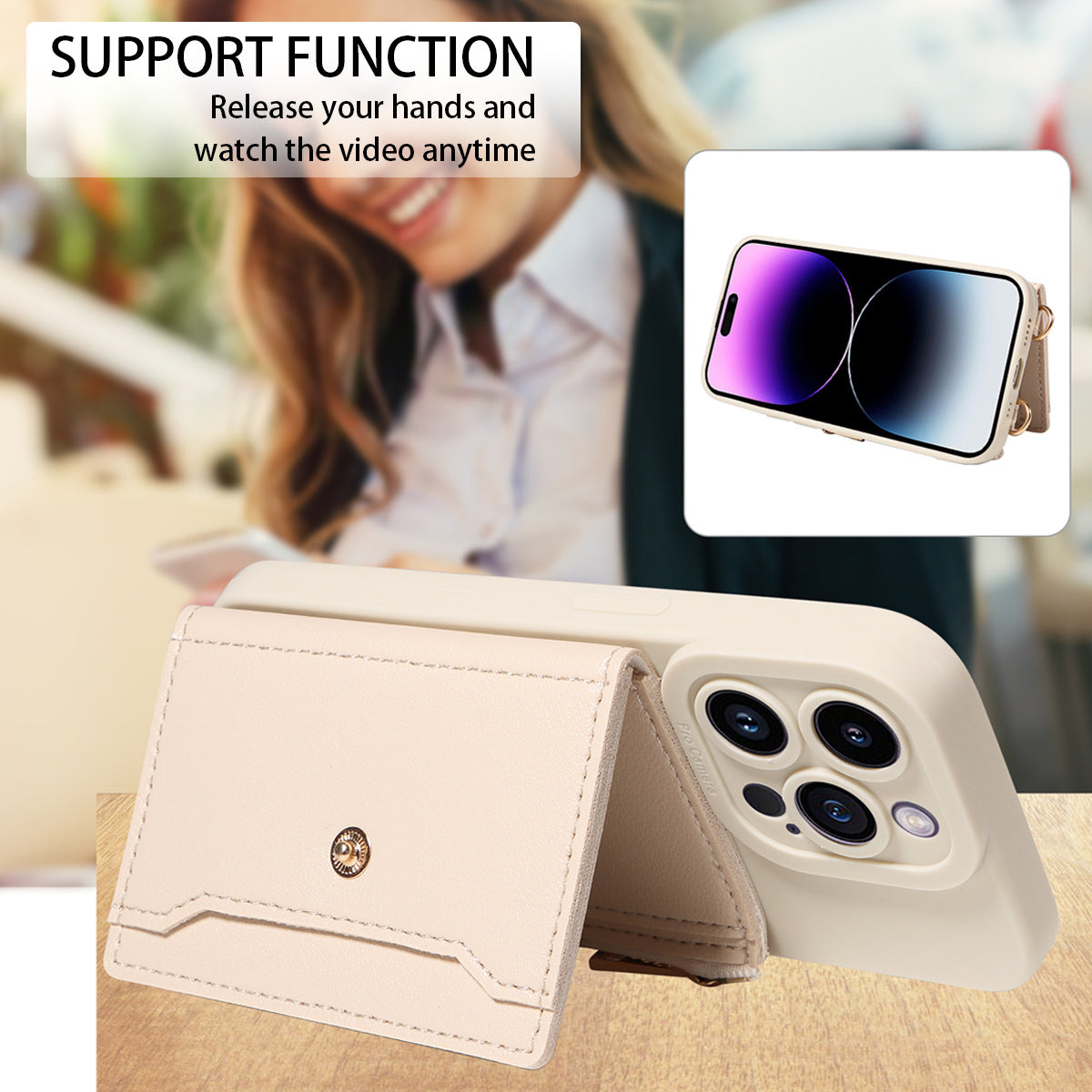 LEATHER CARD SLEEVE Crossbody Phone Case with Phone Charm Strap