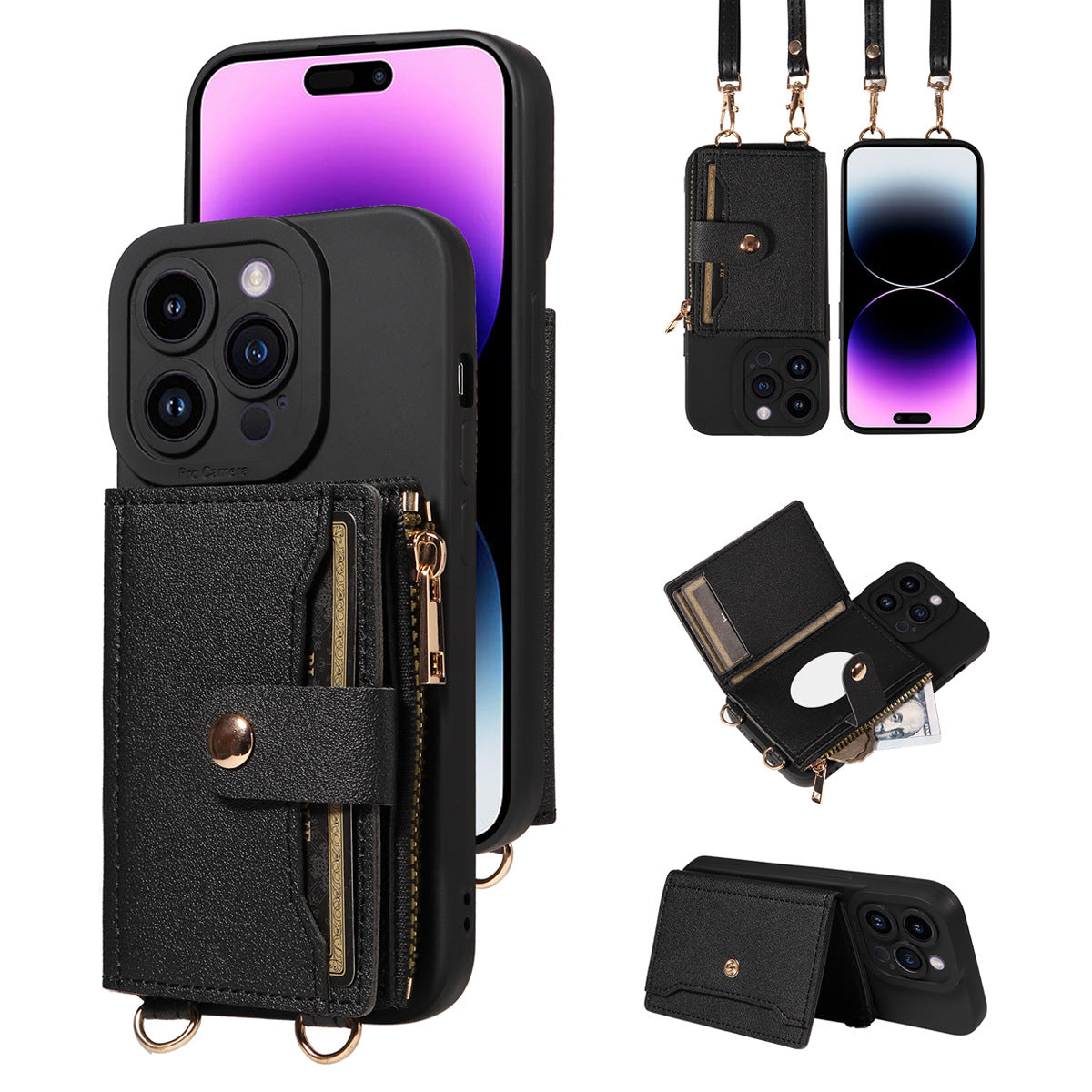 LEATHER CARD SLEEVE Crossbody Phone Case with Phone Charm Strap