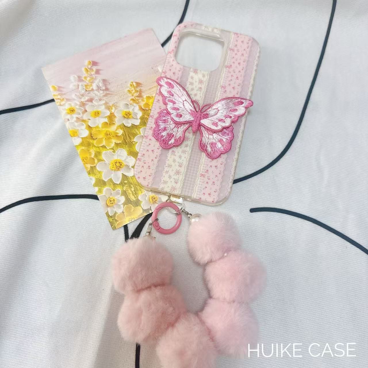 HANDMADE PINK EMBROIDERED Butterfly Phone Case with Phone Charm Strap