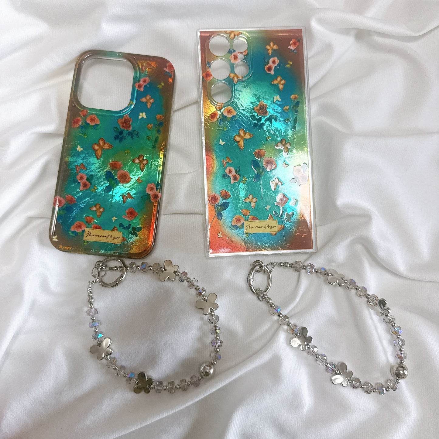 VINTAGE Blue Oil Painting Flower &Butterfly Phone Case with Phone Charm Strap