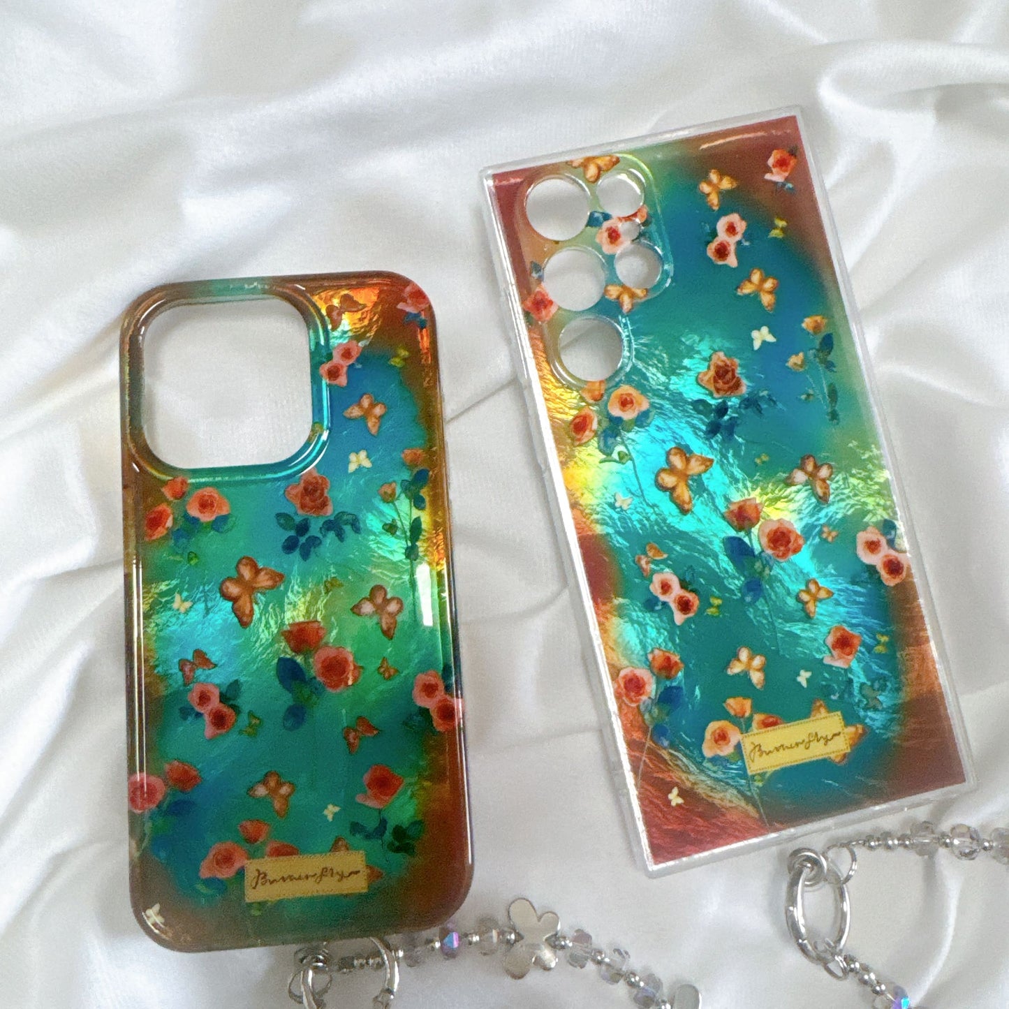 VINTAGE Blue Oil Painting Flower &Butterfly Phone Case with Phone Charm Strap