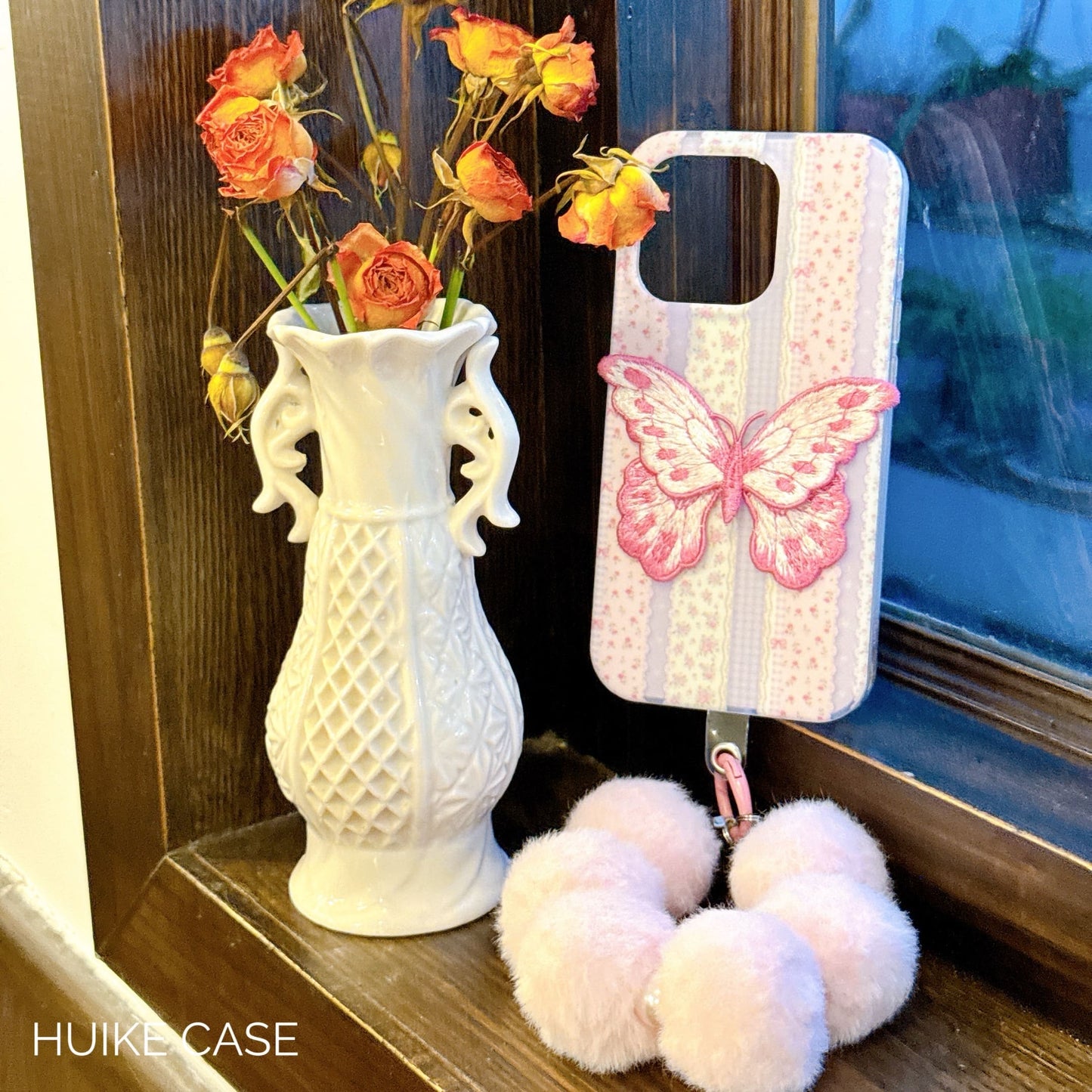 HANDMADE PINK EMBROIDERED Butterfly Phone Case with Phone Charm Strap