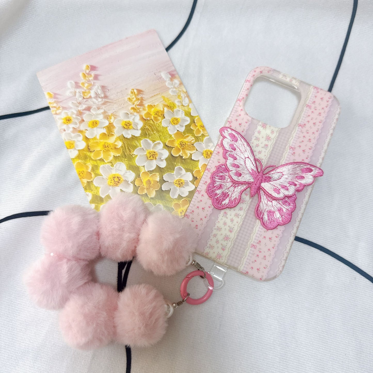 HANDMADE PINK EMBROIDERED Butterfly Phone Case with Phone Charm Strap