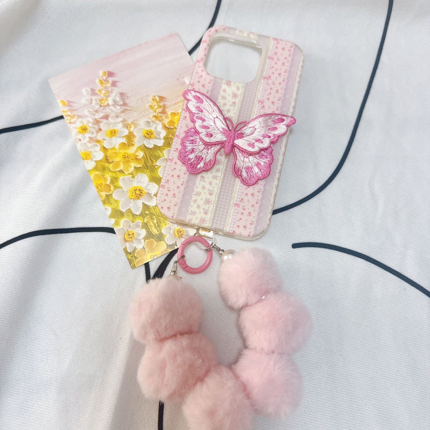 HANDMADE PINK EMBROIDERED Butterfly Phone Case with Phone Charm Strap