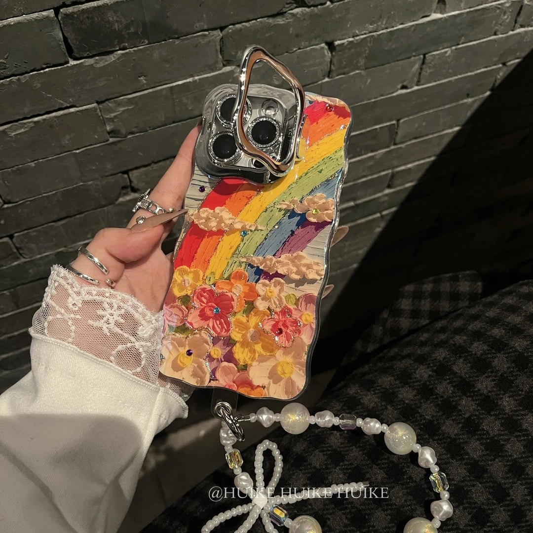 FLOWERS ON RAINBOW Phone Case with Phone Charm Strap