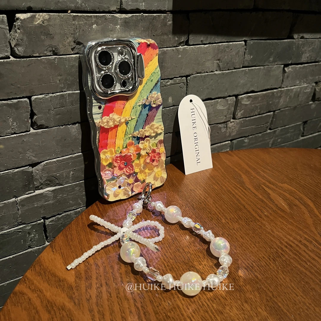FLOWERS ON RAINBOW Phone Case with Phone Charm Strap