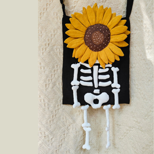 Skeleton & Sunflowers - Original Handmade DIY Embroidered Fabric Bag