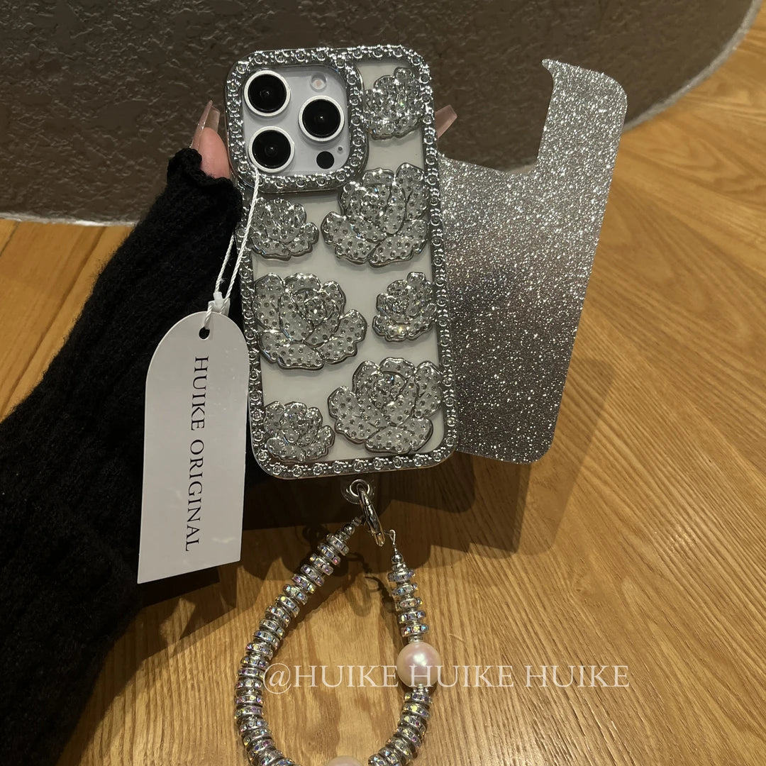SPARKLING DIAMOND ROSE Gradient Phone Case with Phone Charm Strap