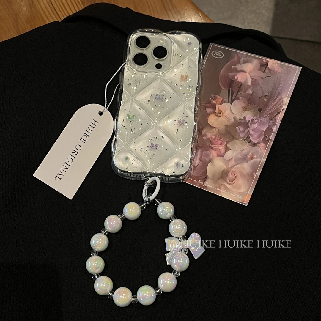 TRANSPARENT BUTTERFLY Diamond Grid Phone Case with Phone Charm Strap