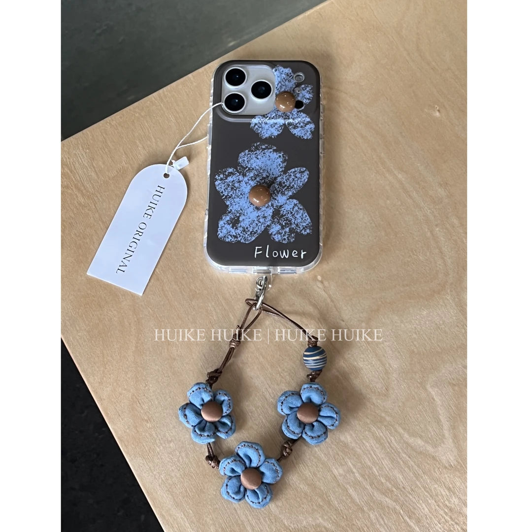 Blue Flower Phone Case with Phone Charm Strap,Compatible for iphone 17