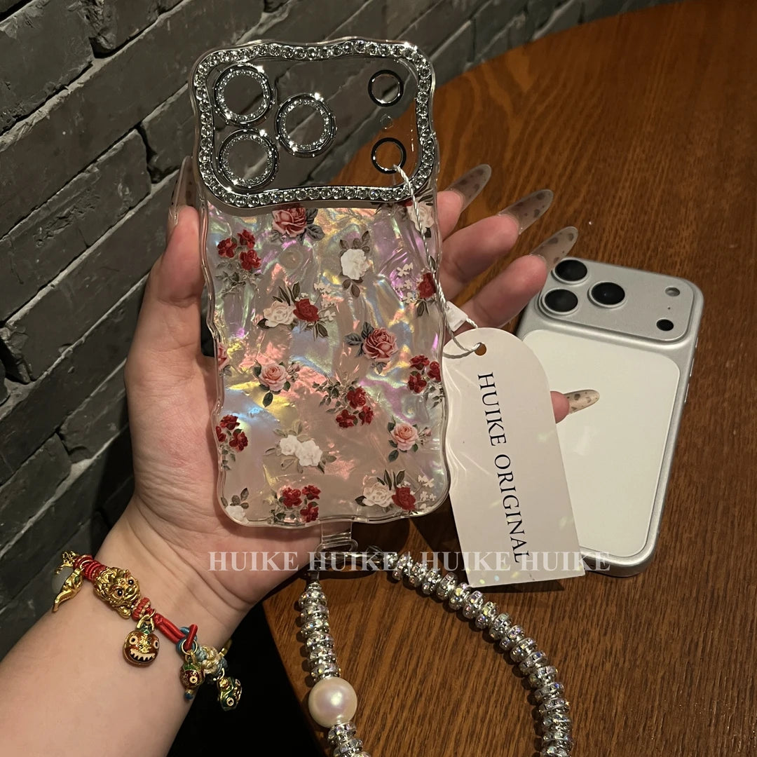 RED ROSES Pearly Transparent Phone Case with Phone Charm Strap,Compatible for iphone 17