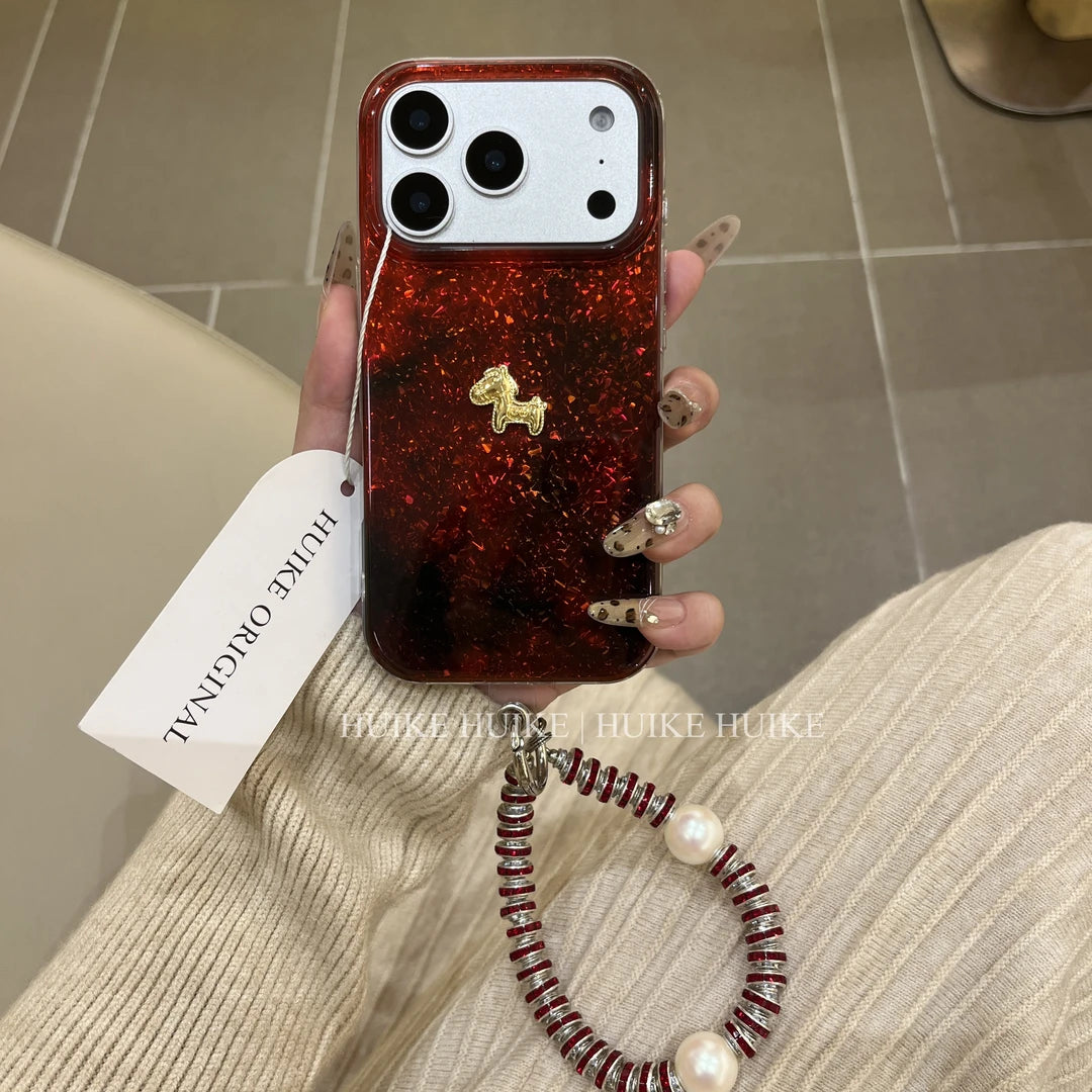 Shiny Red Mable Gold Horse Phone Case with Phone Charm Strap,Compatible for iphone 17