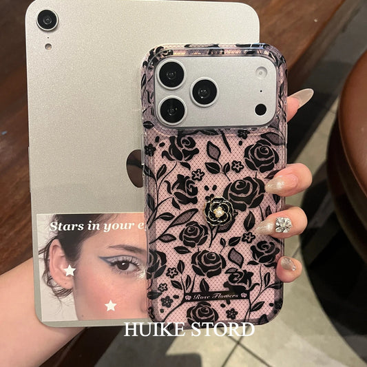 Black Camellia Phone Case with Phone Charm Strap,Compatible for iphone 17