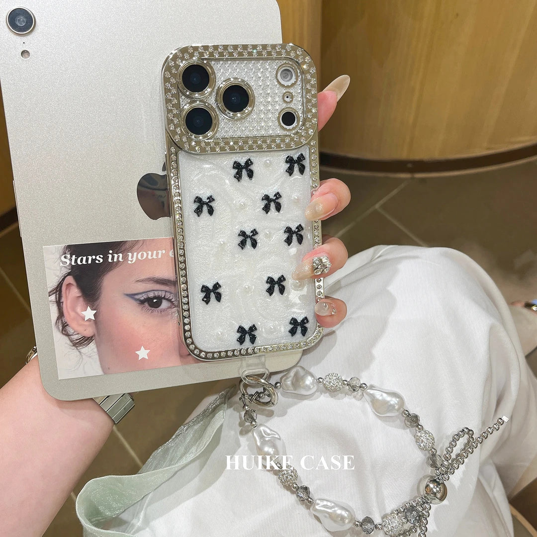 Handmade Little Bow Phone Case with Phone Charm Strap,Compatible for iphone 17