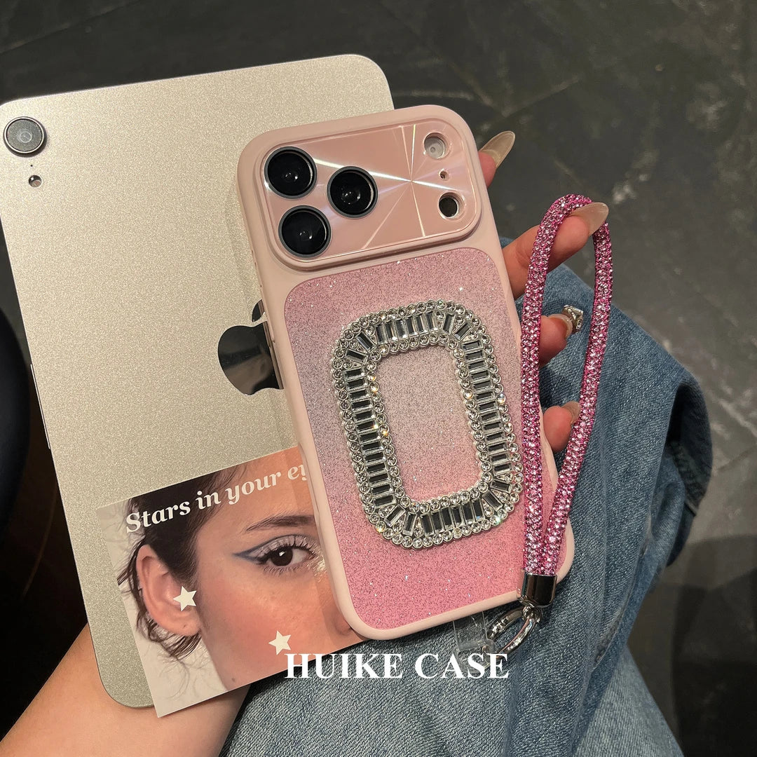 Shiny Gliter Square Diamond Phone Case with Phone Charm Strap,Compatible for iphone 17