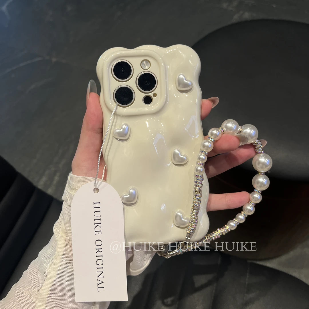 Pearl Heart Phone Case with Phone Charm Strap,Compatible for iphone 17