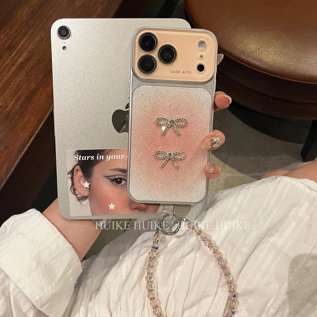 Shiny Gliter Bow Phone Case with Phone Charm Strap,Compatible for iphone 17