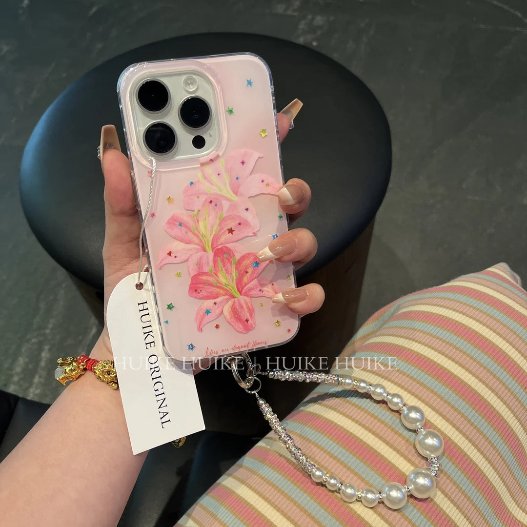 Pink Lily Star Transparent  Phone Case with Phone Charm Strap