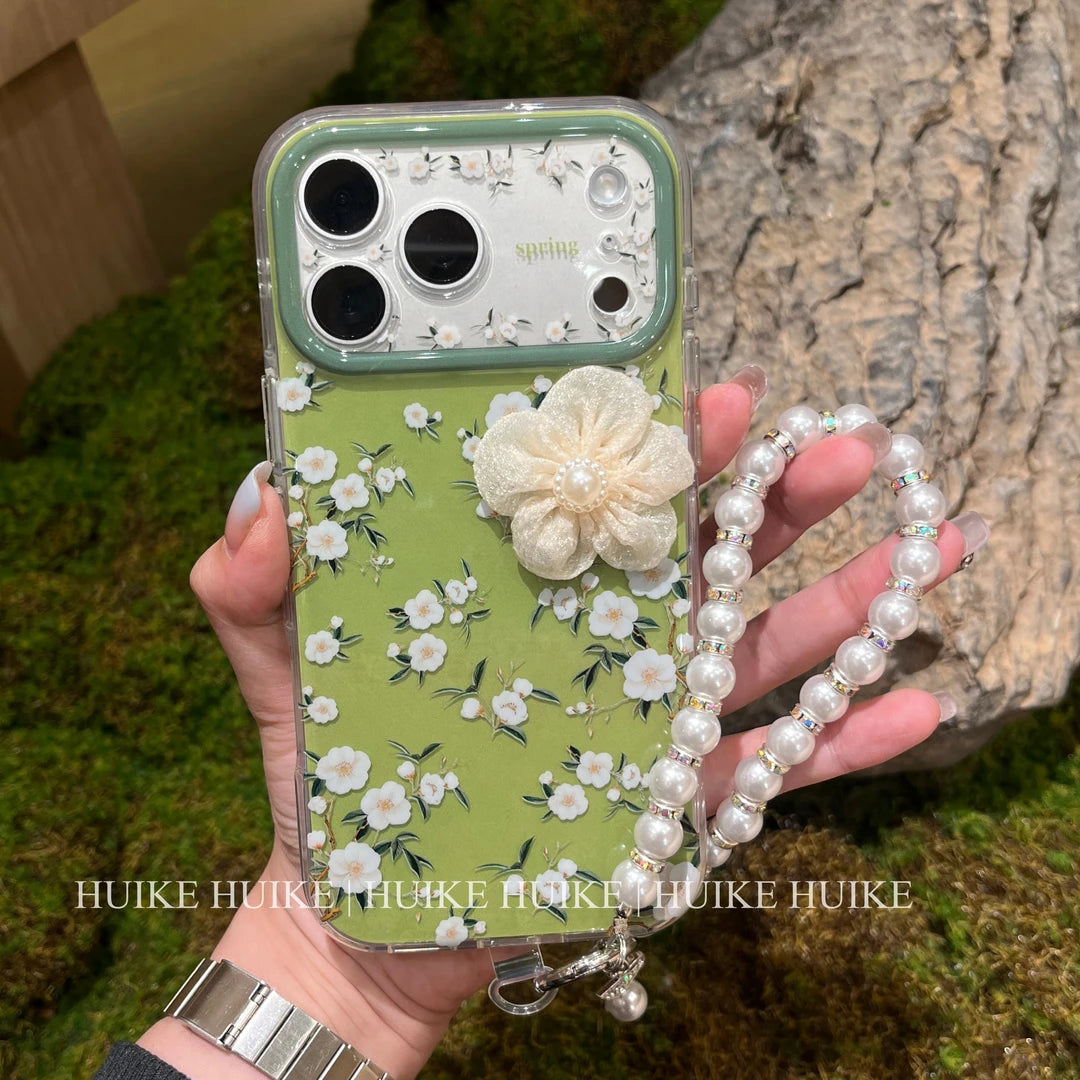 Green Handmade Camellia Flowers Phone Case with Phone Charm Strap,Compatible for iphone 17