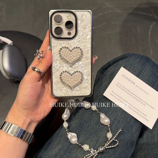 Pearl Heart Marble Pattern Square Phone Case with Phone Charm Strap,Compatible for iphone 17
