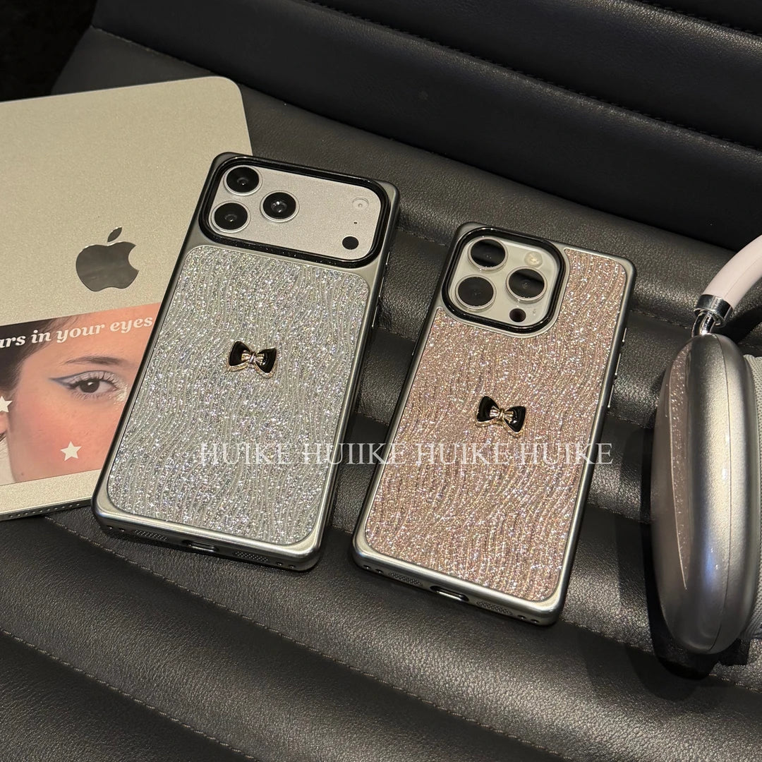 Bow Sparkling wave patterned square  Phone Case with Phone Charm Strap,Compatible for iphone 17