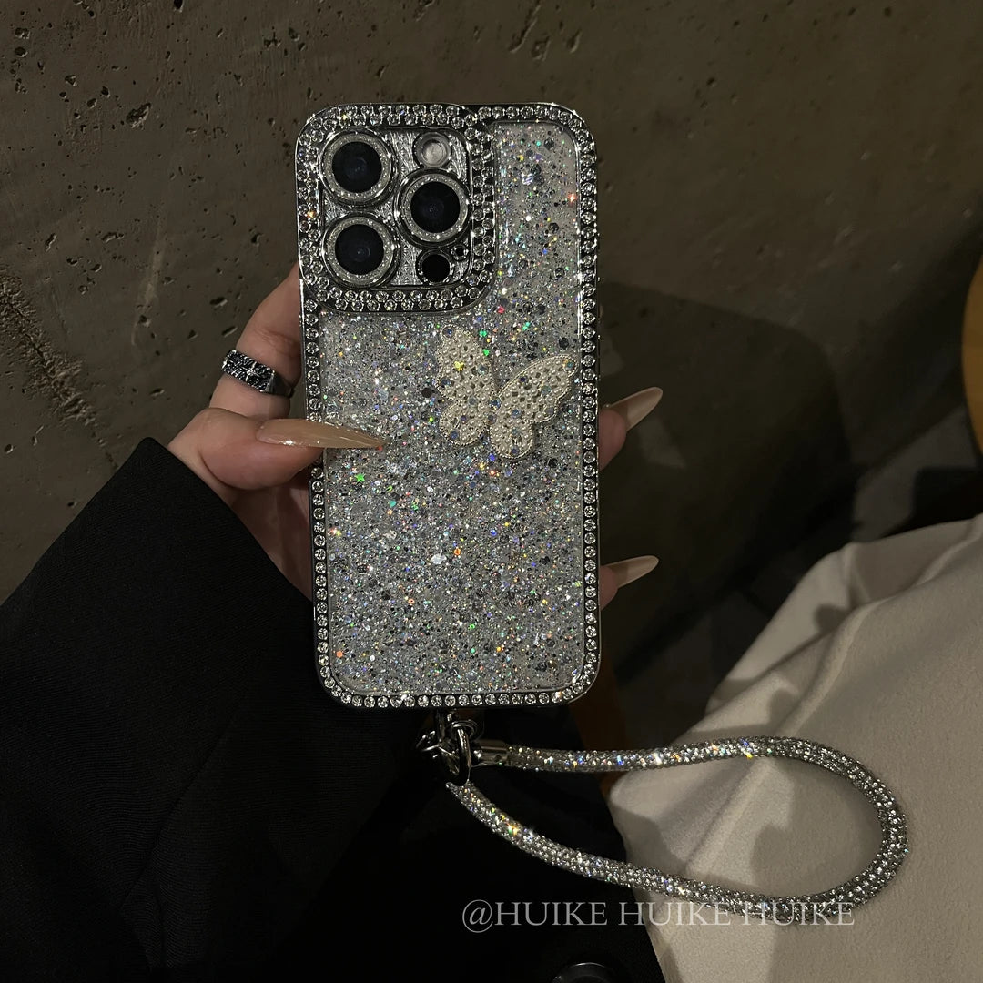 GLITTER BUTTERFLY Shining Phone Case with Phone Charm Strap
