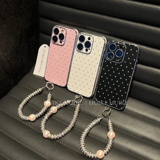 Leather Studded Diamond Phone Case with Phone Charm Strap