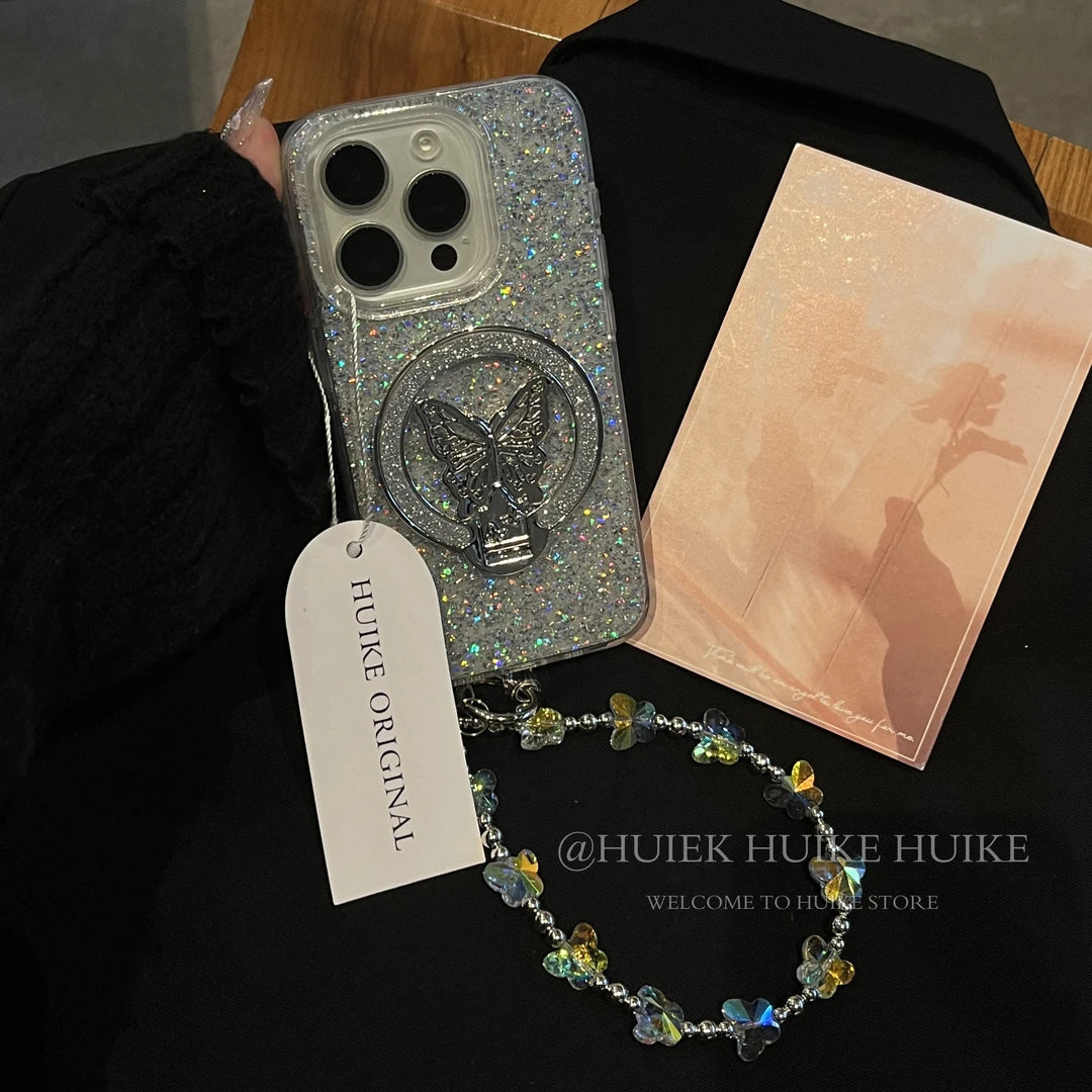 BUTTERFLY GLITTER Bracket Phone Case with Phone Charm Strap
