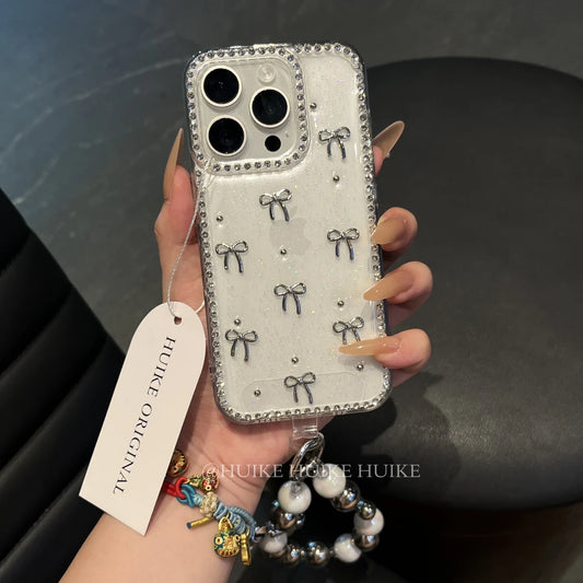 HANDMADE SLIVER BOW Transparent Drop Glue phone case with Phone Charm Strap