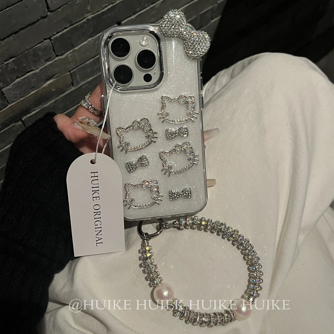 HANDMADE SILVERY KITTY CAT Sparkling Phone Case with Phone Charm Strap, Compatible for Samsung & iPhone