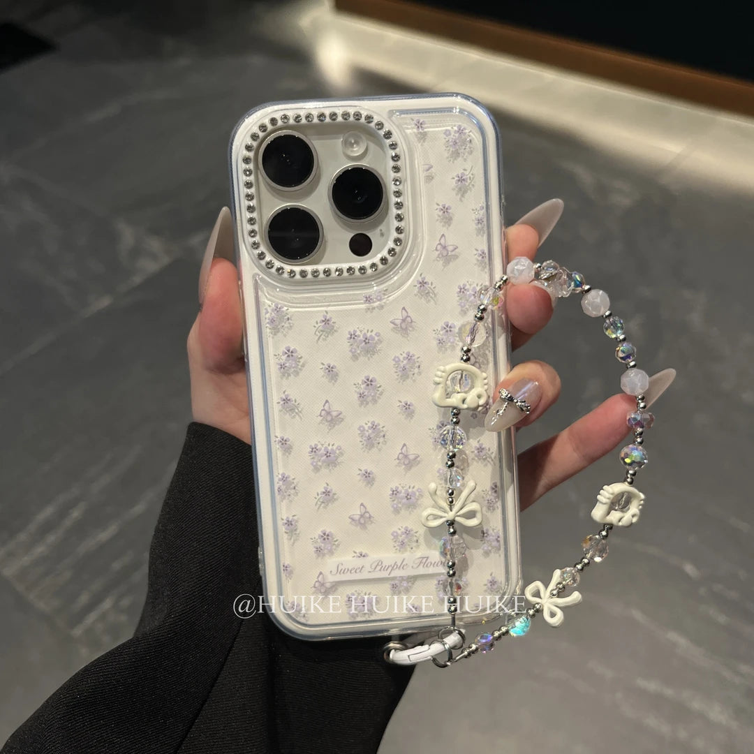 SUMMER FRESH Purple Flower White phone case with Phone Charm Strap