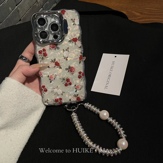 RED ROSES Pearly Transparent Phone Case with Phone Charm Strap